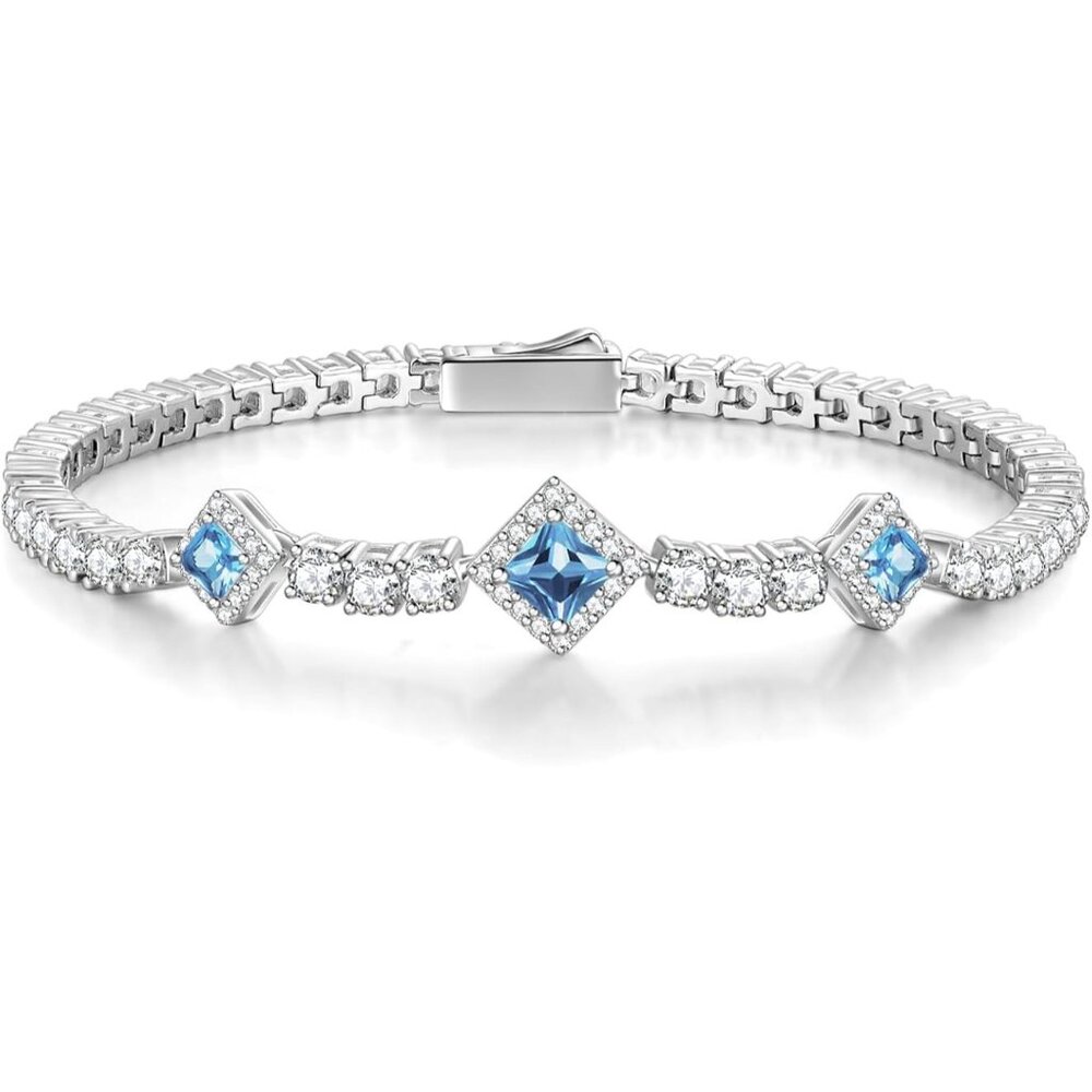 Birthstone 4mm Sterling Silver Tennis Square Gemstone Bracelet - 12-Topaz
